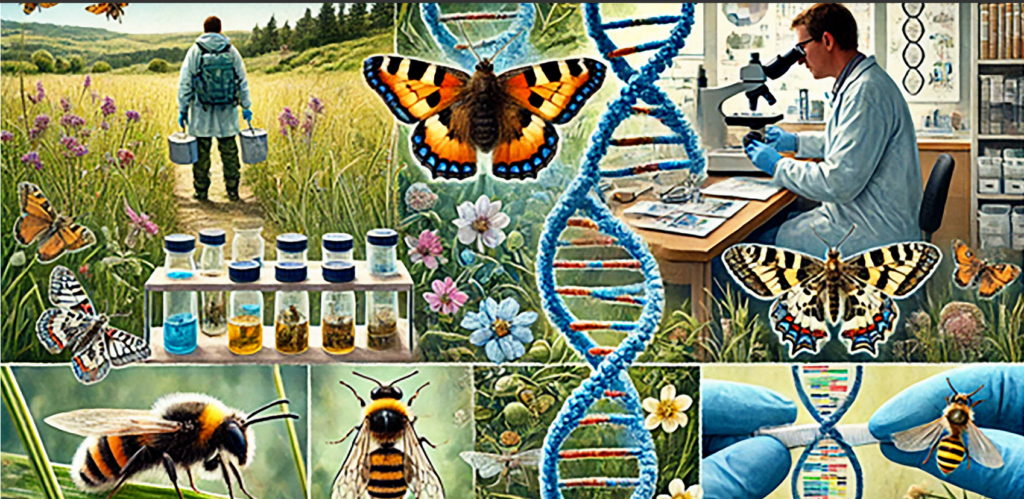 Collage showing a field researcher collecting specimens, butterflies, DNA helixes, laboratory work with a microscope, specim…