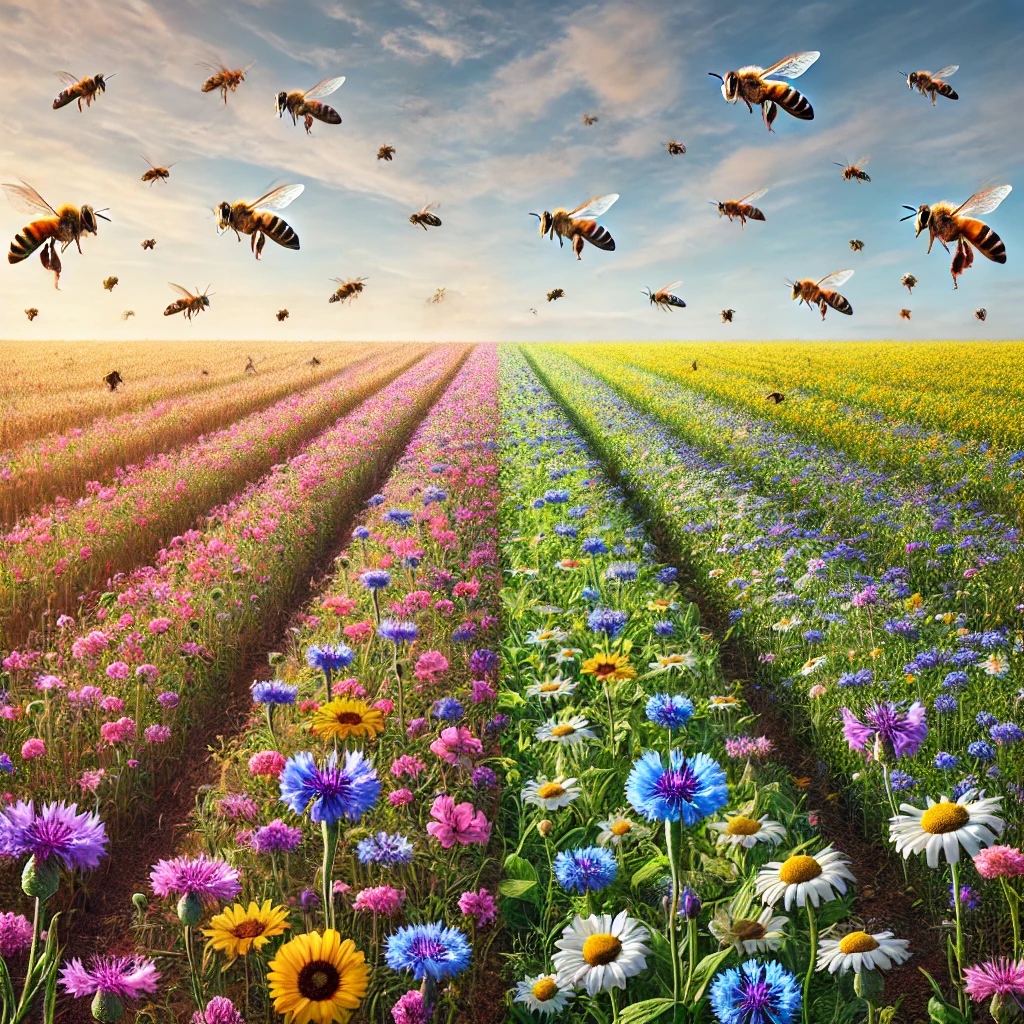 Honeybees fly above colorful flower fields with pink, blue, yellow, and white blooms arranged in rows under a cloudy sky