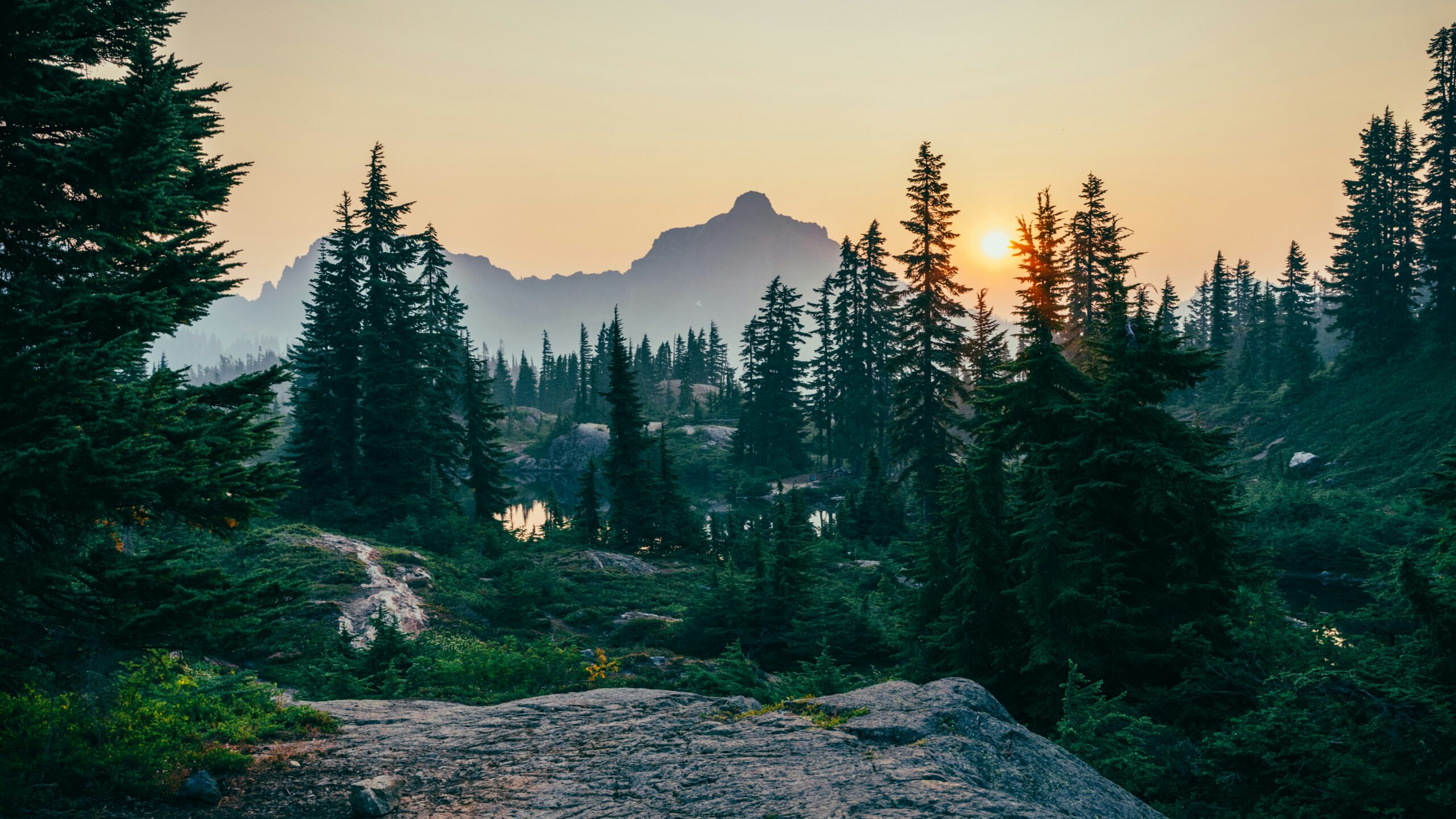 Coniferous forest with granite boulders in foreground, mountain peak and alpine lake at sunset