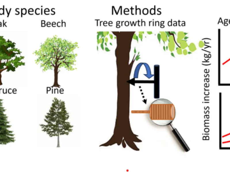 Swedish forest study showing five tree species, tree ring dating method, and four graphs comparing biomass increase by age a…