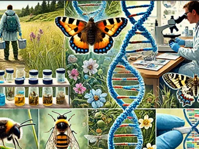 Collage showing a field researcher collecting specimens, butterflies, DNA helixes, laboratory work with a microscope, specim…