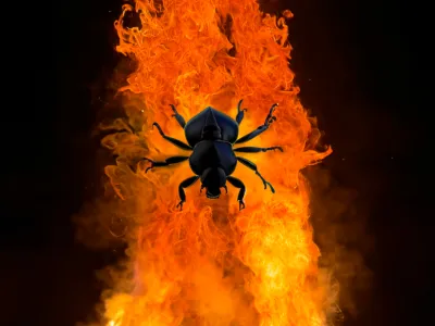 Silhouette of a beetle centered against towering orange flames rising from glowing red coals