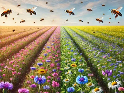 Honeybees fly above colorful flower fields with pink, blue, yellow, and white blooms arranged in rows under a cloudy sky