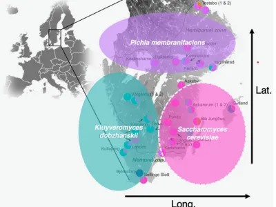 Map of Scandinavia showing three colored zones indicating species distribution across latitude and longitude coordinates