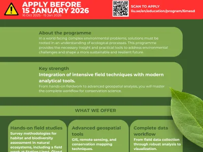 Green promotional flyer with white text describing a Master's programme, featuring green leaf graphics and application deadl…
